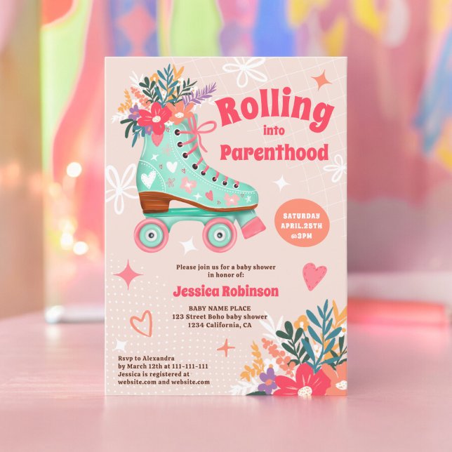 Convite Chuva de bébé de patins florais (Retro floral teal roller skate boho baby shower invitation)