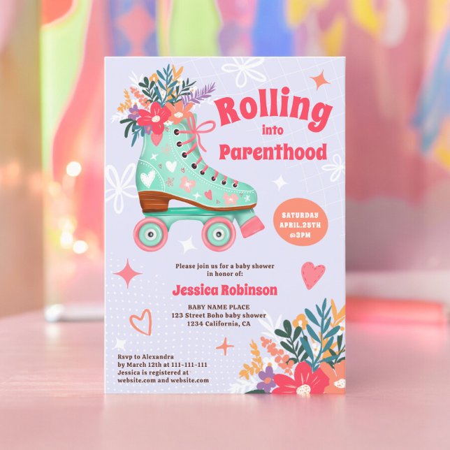 Convite Chuva de bébé de patins florais (Retro floral teal roller skate boho baby shower invitation lavender)