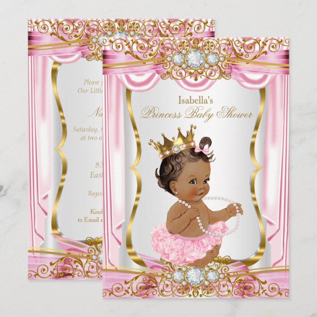 Convite Chuva de Bebê de Princesa Morena Seda Rosa Escura (Frente/Verso)