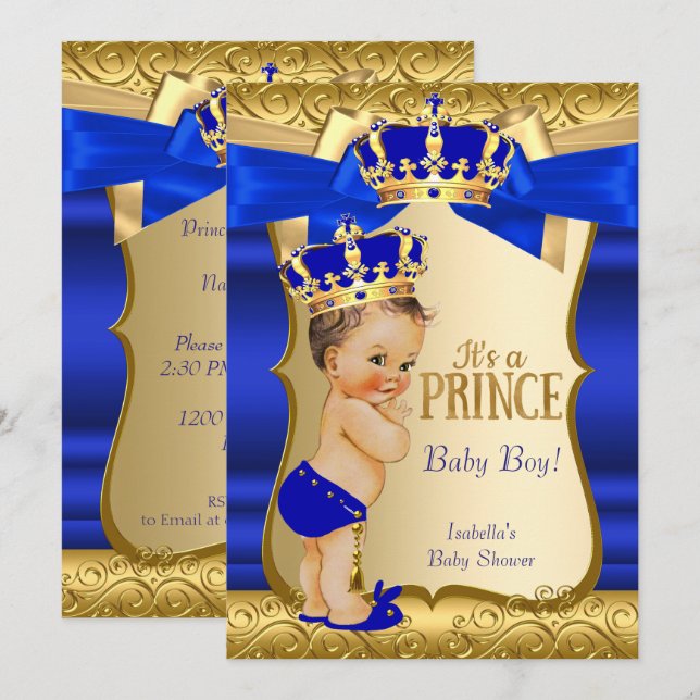 Convite Chuva de Bebê de Príncipe Real Azul Dourado Damasc (Frente/Verso)