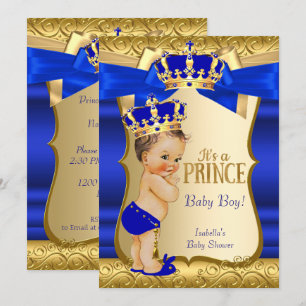 Convite Chuva de Bebê de Príncipe Real Azul Dourado Damasc
