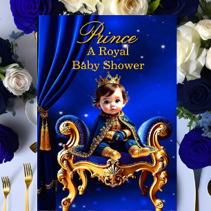 Convite Chuva de Bebê de Príncipe Real Cadeira Azul Dourad