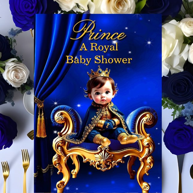 Convite Chuva de Bebê de Príncipe Real Cadeira Azul Dourad (Criador carregado)