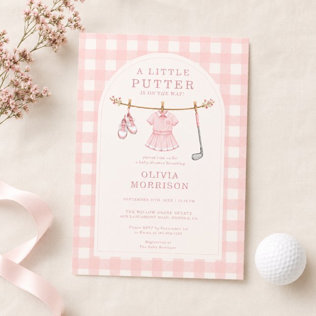 Convite Chuva de Bebê de Putter Pequeno de Golfe Rosa Xadr (Criador carregado)
