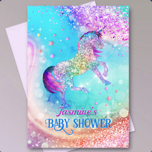 Convite Chuva de bebê de unicórnio rosa aqua glitter