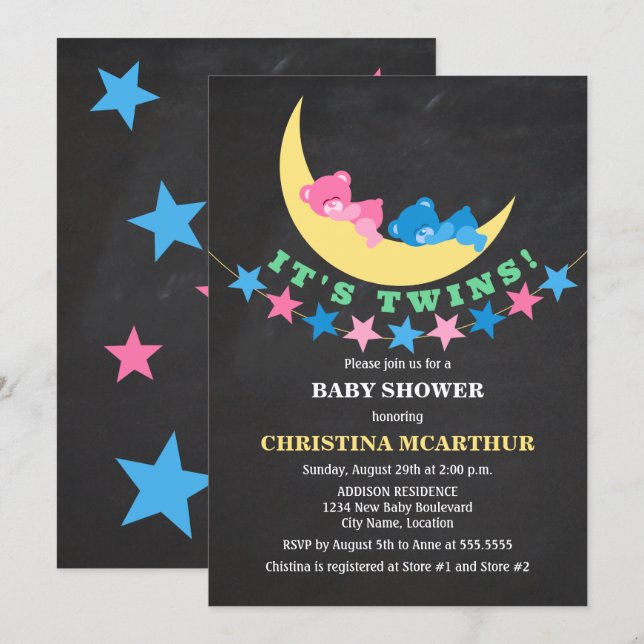 Convite Chuva de Bebê de Urso de Pelúcia Gêmeos Menina e M (Frente/Verso)