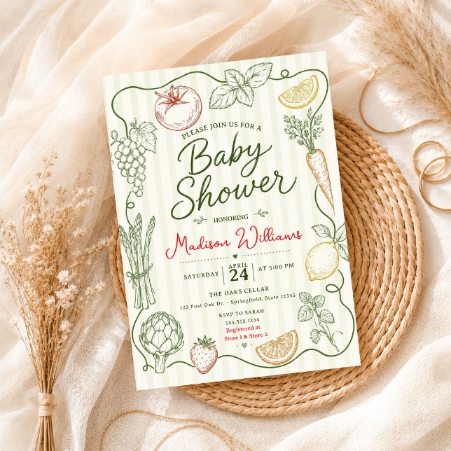 Convite Chuva de bebê de vegetais frutas desenhados à mão (Criador carregado)