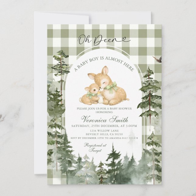 Convite Chuva de Bebê Deer Woodland Gingham (Frente)