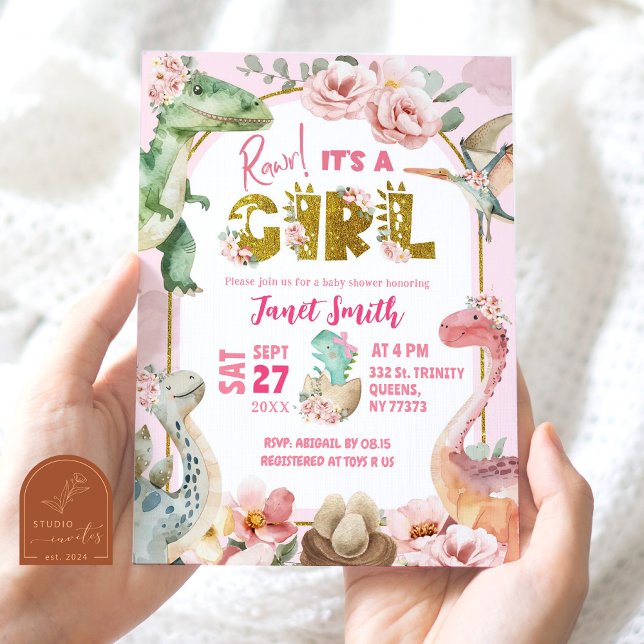 Convite Chuva de Bebê Dinossauro Menina Rosa Jurássico (Criador carregado)