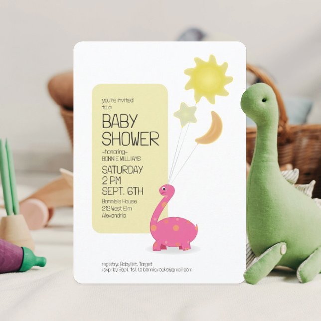 Convite Chuva de Bebê Dinossauro Rosa com Balões de Mylar (Criador carregado)