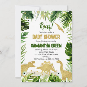 Convite Chuva de Bebê Dinossauro Verde Dourado
