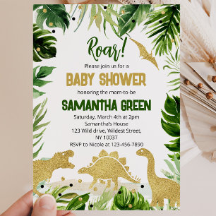 Convite Chuva de Bebê Dinossauro Verde Dourado
