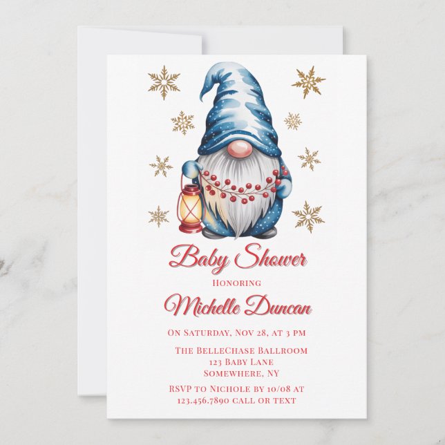 Convite Chuva de Bebê do Gnome de Natal Azul (Frente)