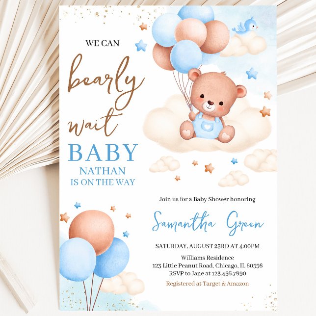 Convite Chuva de Bebê do Menino Azul Boho Urso (Criador carregado)