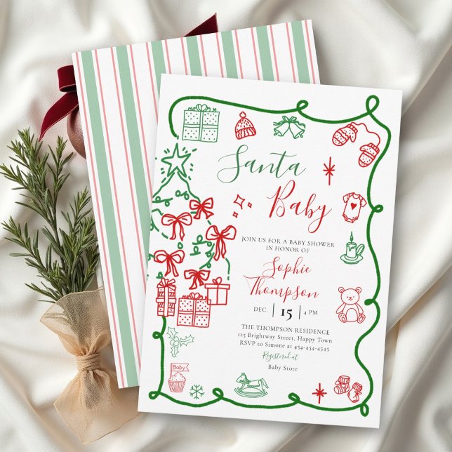 Convite Chuva de Bebê do Natal Moderno Doodle Chuveiro de  (Santa Baby Modern Christmas Doodle Baby Shower Invitation)