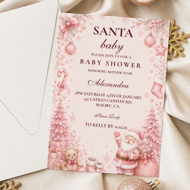 Convite Chuva de Bebê do Papai Noel Rosa Caprichosa (Criador carregado)