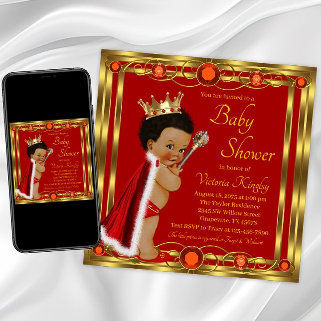 Convite Chuva de Bebê do Príncipe Afro Dourado Vermelho (Red gold prince baby shower invitation. Instant download and printed invitations available. )