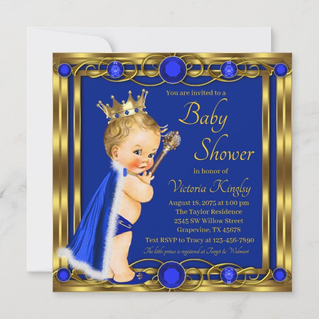 Convite Chuva de Bebê do Príncipe Azul Dourado (Frente)