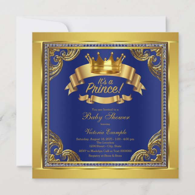 Convite Chuva de Bebê do Príncipe Azul Dourado Coroa Real (Frente)