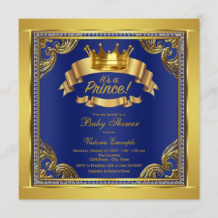 Convite Chuva de Bebê do Príncipe Azul Dourado Coroa Real