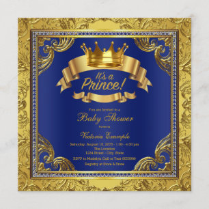 Convite Chuva de Bebê do Príncipe Azul Real Dourado Fancy