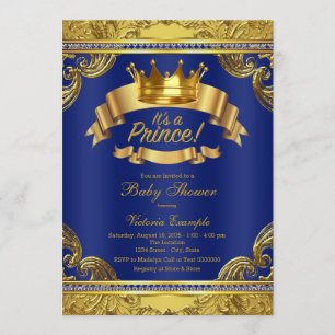 Convite Chuva de Bebê do Príncipe Azul Real Dourado Fancy