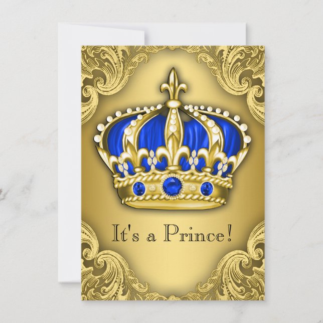 Convite Chuva de Bebê do Príncipe Elegante Azul e Dourado (Frente)