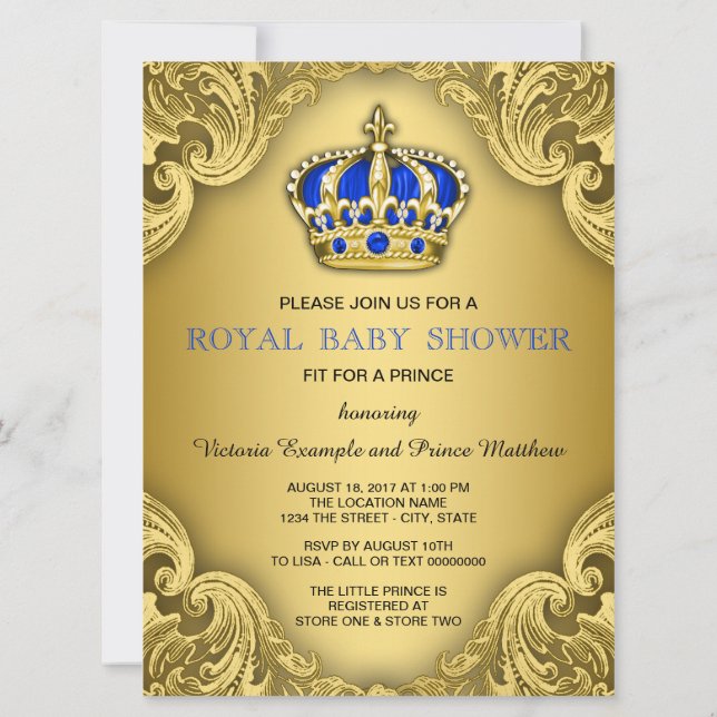 Convite Chuva de Bebê do Príncipe Elegante Azul e Dourado (Verso)