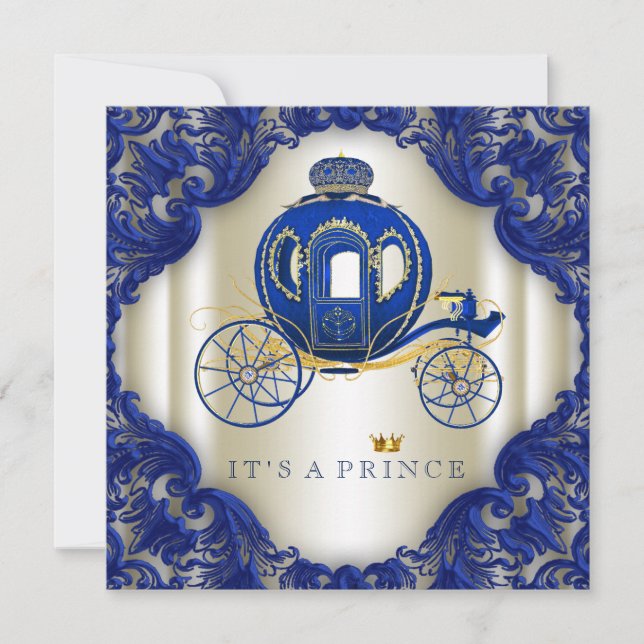 Convite Chuva de Bebê do Príncipe em Azul Real e Dourado C (Frente)