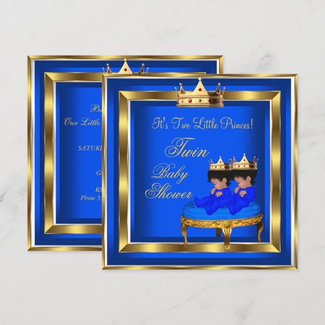 Convite Chuva de Bebê do Príncipe Gêmeo Azul Real Dourado  (Frente/Verso)