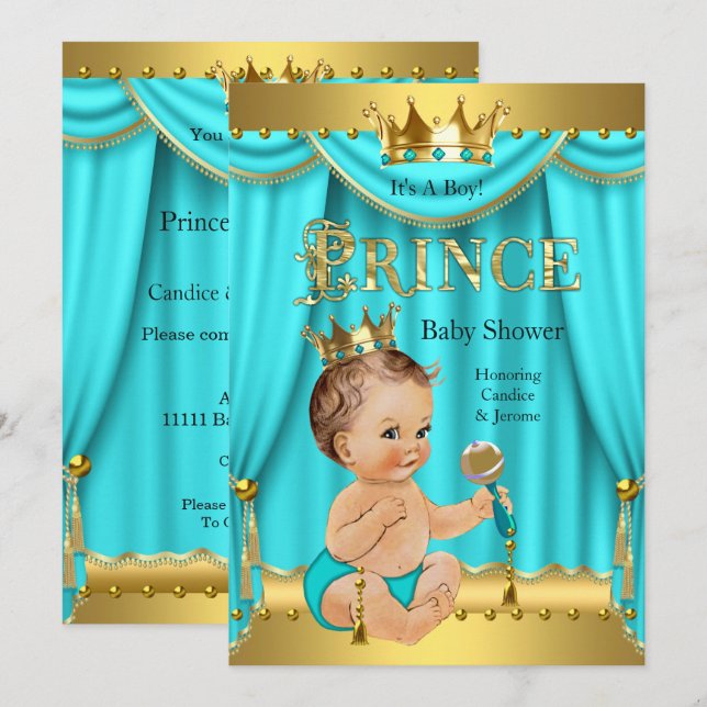 Convite Chuva de Bebê do Príncipe Herdeiro Dourado Água Te (Frente/Verso)