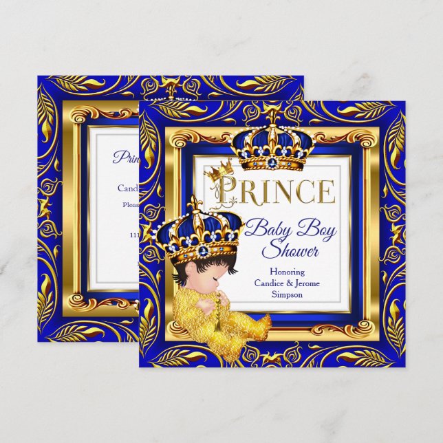 Convite Chuva de Bebê do Príncipe Real Azul Dourado Morena (Frente/Verso)