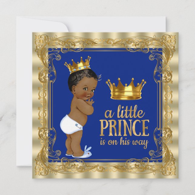 Convite Chuva de Bebê do Príncipe Real Azul Real Dourado (Frente)
