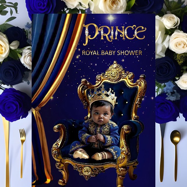 Convite Chuva de Bebê do Príncipe Real Étnico Cadeira Azul (Criador carregado)