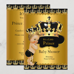 Convite Chuva de Bebê do Príncipe Real Preto Dourado Loiro