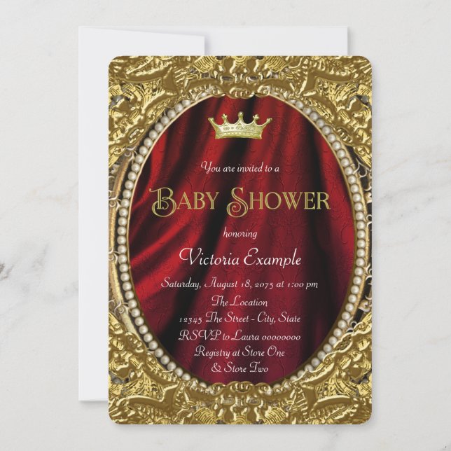 Convite Chuva de Bebê do Príncipe Vermelho e Dourado Luxuo (Verso)