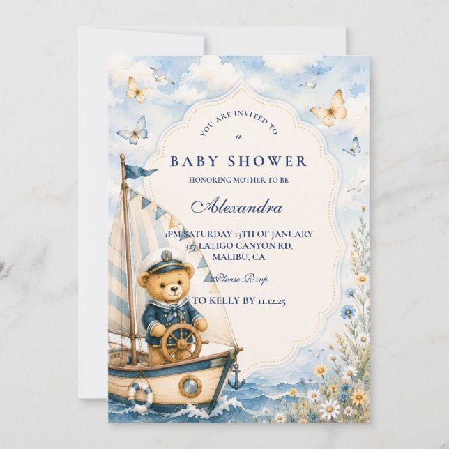 Convite Chuva de Bebê do Urso Marinheiro Caprichoso (Frente)