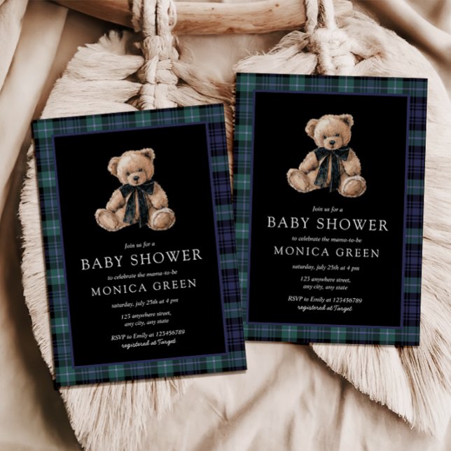 Convite Chuva de Bebê do Urso Teddy Ralph em Xadrez Verde  (Ralph Christmas Baby Shower Invitation Plaid Green Blue Plaid Tartan Teddy Bear)