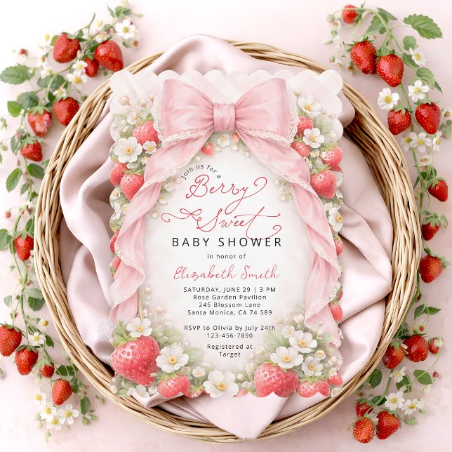 Convite Chuva de Bebê Doce Morango com Laço Rosa (Criador carregado)