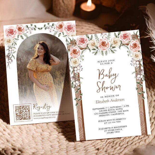Convite Chuva de Bebê Dossier de Madeira Rústica Floral Bo (Criador carregado)