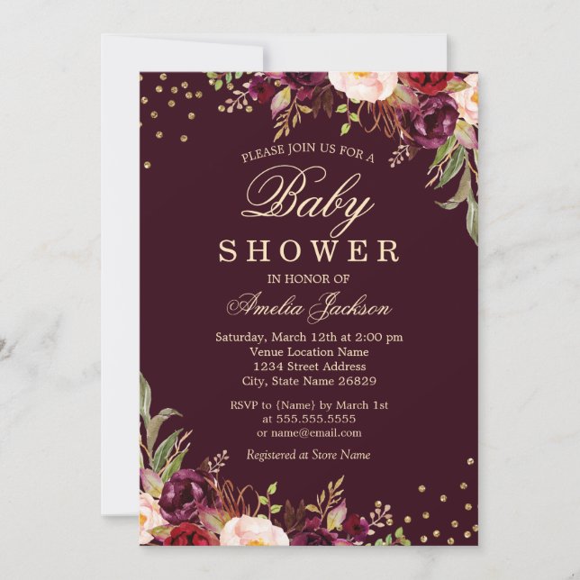 Convite Chuva de Bebê Dourado Burgundy floral Brilho (Frente)