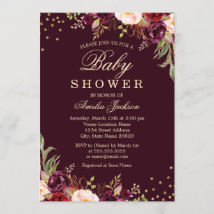 Convite Chuva de Bebê Dourado Burgundy floral Brilho