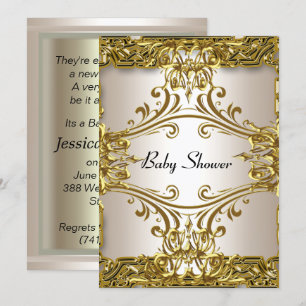Convite Chuva de Bebê Dourado Creme Neutro