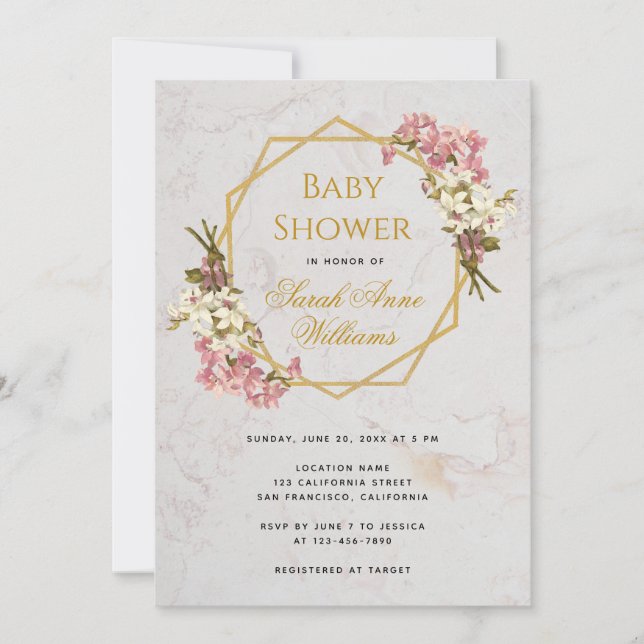 Convite Chuva de Bebê Dourado Orquídeas Rosa Floral Geomét (Frente)
