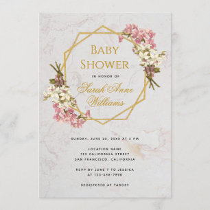 Convite Chuva de Bebê Dourado Orquídeas Rosa Floral Geomét