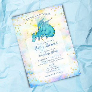 Convite Chuva de Bebê Dragão Azul Dourado Fofo