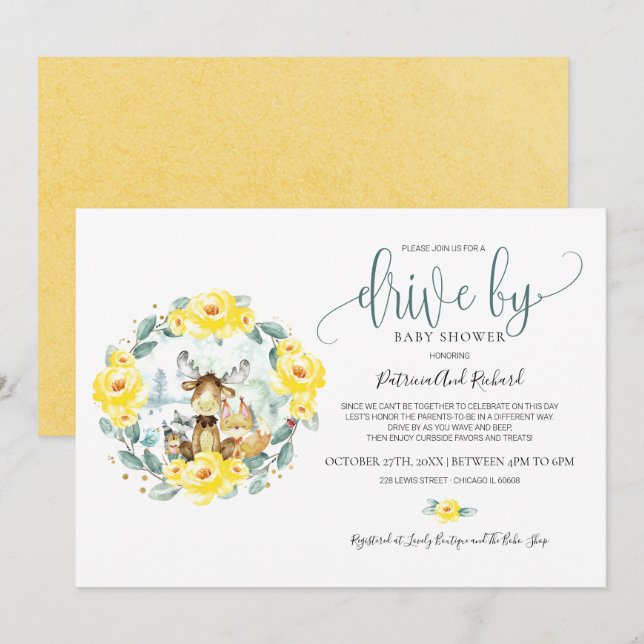 Convite Chuva de Bebê Drive By com Flora Florestal (Frente/Verso)