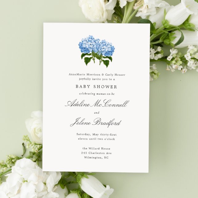 Convite Chuva de Bebê Dupla Blue Hydrangea Grandmillennial (Double baby shower with blue hydrangea flowers and traditional fonts for grand millennial style)