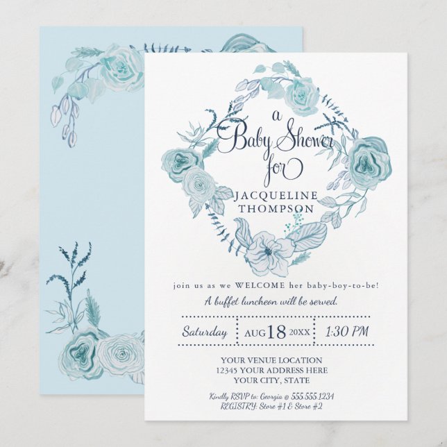 Convite Chuva de Bebê Dusty Blue Floral em Aquarela Folhag (Frente/Verso)