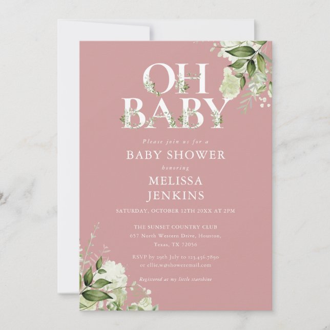 Convite Chuva de Bebê Dusty Rose Oh Baby Botânica (Frente)